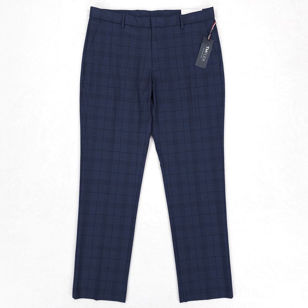 Tommy Hilfiger Mens Modern Fit Dress Pants 40x32 Blue Windowpane Plaid Stretch